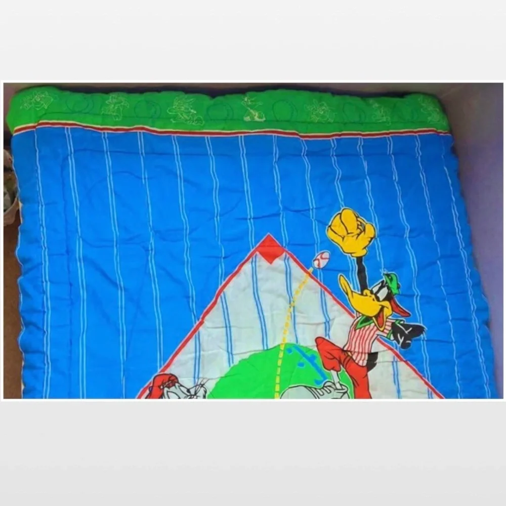Vtg 90s Looney Tunes Blanket Twin Comforter Baseball Bugs Bunny Taz Daffy Wiley